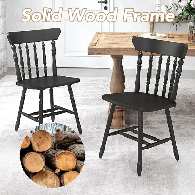 chairus Vintage Black Dining Chairs Set of 2, Farmhouse Windsor Wooden Dining Room Chairs with Turned Spindle Back & Legs, Traditional Colonial Armless Side Kitchen Chairs