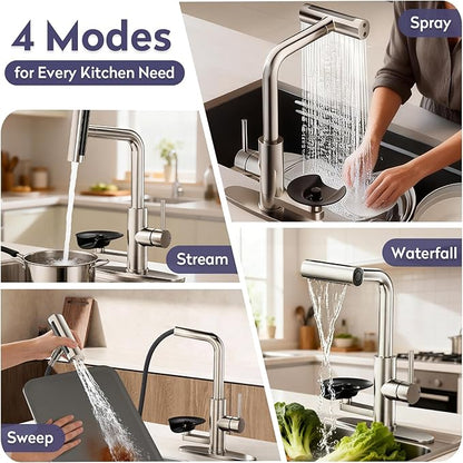 HOWUWEY Kitchen Faucet with Pull Down Sprayer & Cup Washer, Glass Rinser Faucet for Kitchen Sink, Single Handle Waterfall 1 or 3 Hole Tap for Bar Sink Farmhouse Camper Laundry Rv (Brushed Nickel)