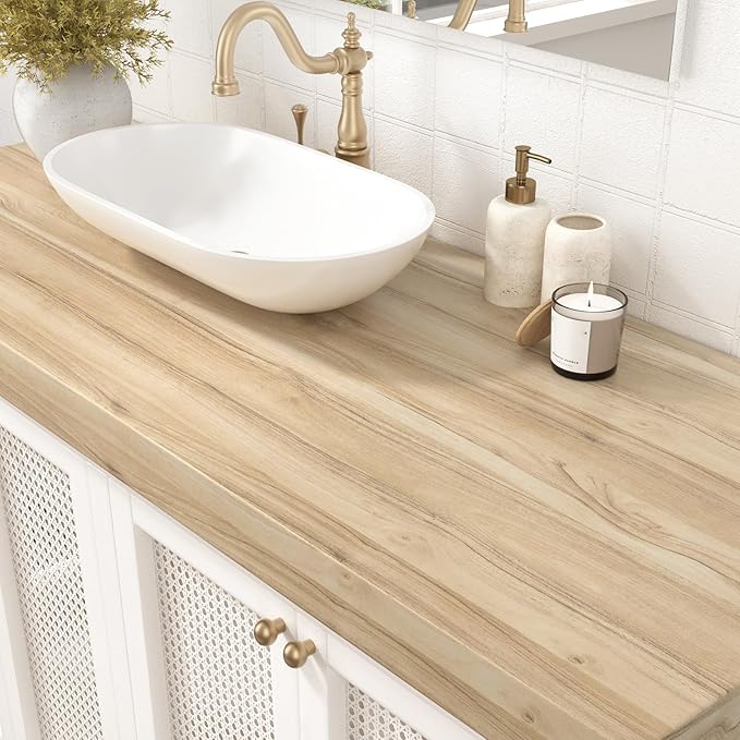 WESTICK Light Wood Contact Paper Peel and Stick Countertops Waterproof Kitchen Countertop Peel and Stick Wood Wallpaper Self Adhesive Wood Grain Contact Paper for Countertops Cabinets 15.75" x 394"