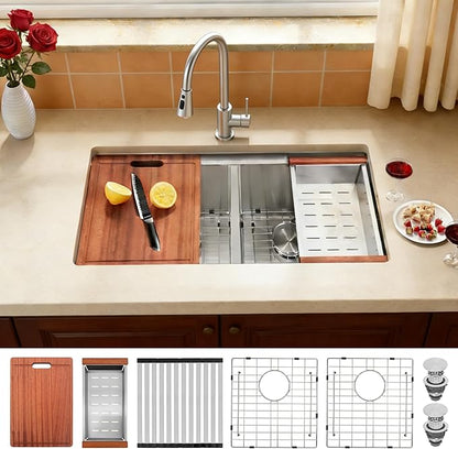 Kitsitchen Undermount Kitchen Sink, 16 Gauge T-304S Stainless Steel Workstation Sink, 50/50 Double Kitchen Sinks, 30" x 18" x 10" Large and Deep Handmade Kitchen Sinks with Accessories