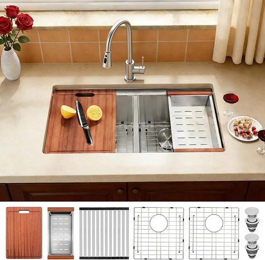 Kitsitchen Undermount Kitchen Sink, 16 Gauge T-304S Stainless Steel Workstation Sink, 50/50 Double Kitchen Sinks, 30" x 18" x 10" Large and Deep Handmade Kitchen Sinks with Accessories