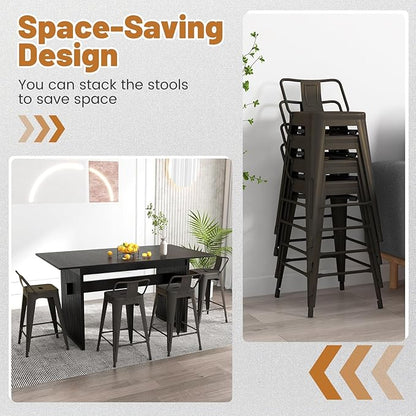 COSTWAY Metal Bar Stools Set of 4, with Removable Back, 24'' Counter Height Stools with Rubber Feet, Stylish and Modern Chairs, for Kitchen, Dining Rooms, and Side Bar (Gun, 24'')