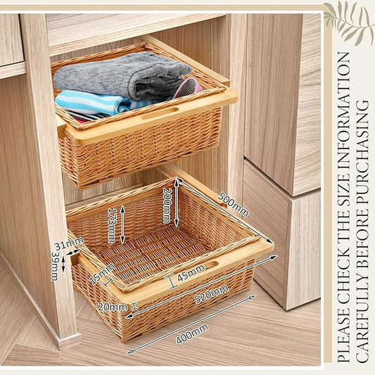 Rustic Wicker Pull out Cabinet Organizer Basket Drawers with Frame and Runners Slide 20" W x 20" l x 8" H for Kitchen Shelf Pantry Storage, Easy DIY Installation