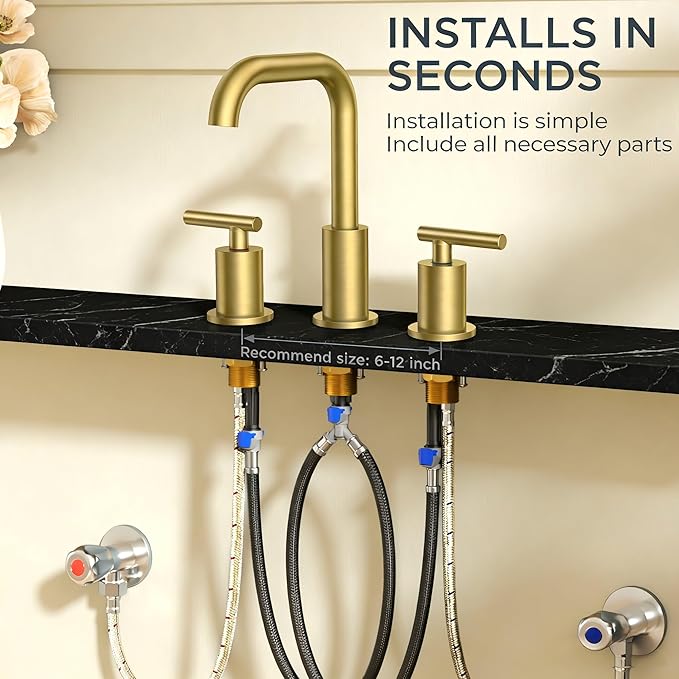 FORIOUS Bathroom Faucet 3 Hole Brushed Gold, 2 Handles 8 Inch Widespread Bathroom Sink Faucets, 360° Swivel Spout, with Pop Up Drain and Hoses, for Vanity Restroom RV Lavatory
