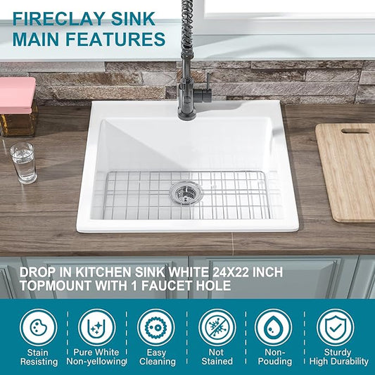 24x22 Drop In Kitchen Sink White 1 Hole, 24 Inch Small Fireclay Bar Sink Drop In Single Bowl, Topmount Heavy Duty Deep Basin, with 2 Accessories, Pure White, for Kitchen, Laundry, Outdoor
