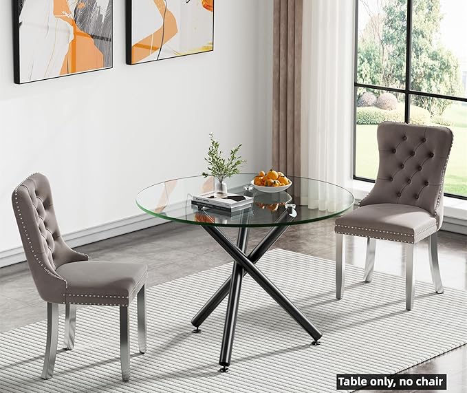 SSLine 35.4" Round Glass Dining Table for 2-4 Modern Circle Glass Tabletop Kitchen Table for 4 Luxury Dinner Tables with Black Metal Legs for Home Kitchen Dining Room(Table Only)