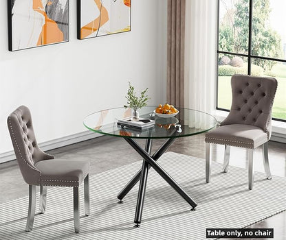 SSLine 35.4" Round Glass Dining Table for 2-4 Modern Circle Glass Tabletop Kitchen Table for 4 Luxury Dinner Tables with Black Metal Legs for Home Kitchen Dining Room(Table Only)
