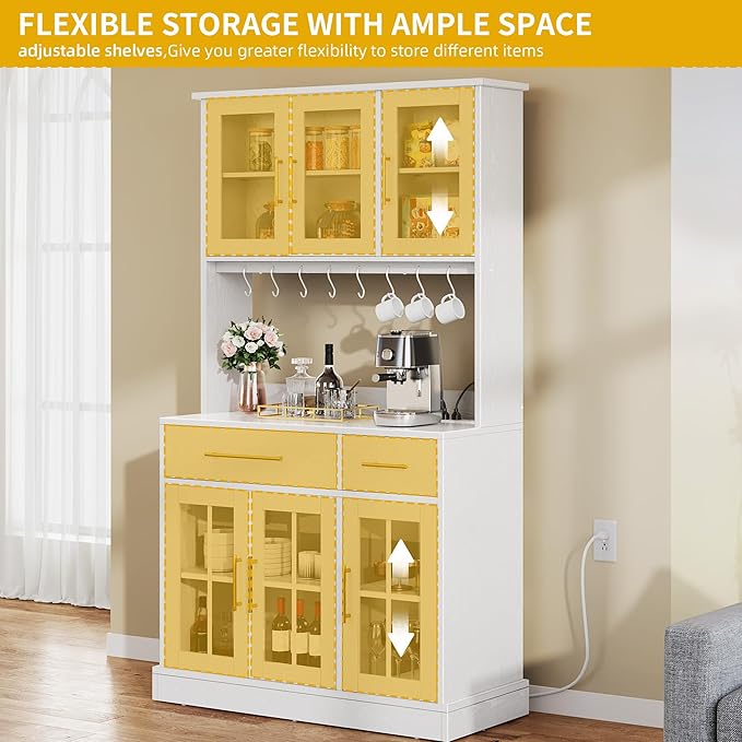 DWVO Kitchen Pantry Storage Cabinet with Microwave Stand, 71'' Tall Kitchen Hutch Cabinets with Power Outlet, Modern Food Pantry Hutch with Drawers ＆ Shelves for Home, White Oak