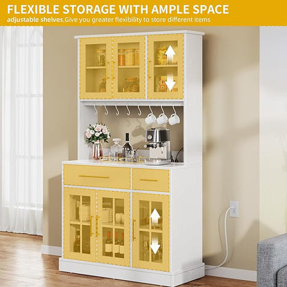 DWVO Kitchen Pantry Storage Cabinet with Microwave Stand, 71'' Tall Kitchen Hutch Cabinets with Power Outlet, Modern Food Pantry Hutch with Drawers ＆ Shelves for Home, White Oak