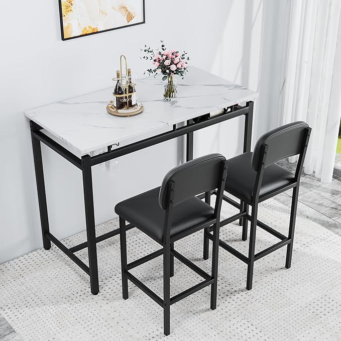 Modern Bar Height Table and Chairs Set - Compact Bar Table and Chairs for 2, Perfect as Small Kitchen Table, Kitchen Island with Seating, or Dining Table with Chairs (Black)