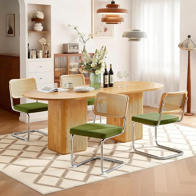 Rattan Back Velvet Dining Chair Set of 4 Modern Breuer Designed Stainless Chrome Base Armless Upholstered Dining Chair for Dining Room, Kitchen Island(Olive Green)