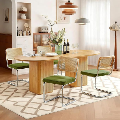 Rattan Back Velvet Dining Chair Set of 4 Modern Breuer Designed Stainless Chrome Base Armless Upholstered Dining Chair for Dining Room, Kitchen Island(Olive Green)