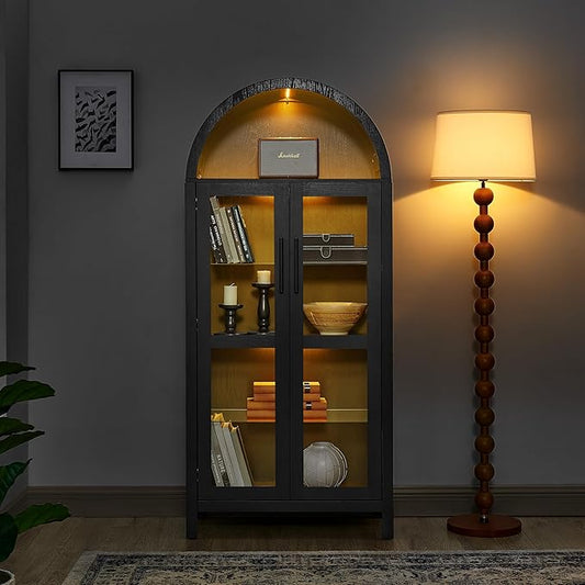 Ball & Cast 67" Tall Arched Kitchen Pantry Cabinet with Lamp, Modern Wooden Storage Cabinets with Glass Doors & Adjustable Shelves,Versatile Display Cabinet for Kitchen, Living Room,Dining Room,Black