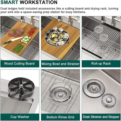 28 Inch Drop In Stainless Steel Kitchen Sink, 16 Gauge Single Bowl Workstation 3-Hole Sink with Cup Washer, Mixing Bowl, and Pasta Strainer #TLT-0047