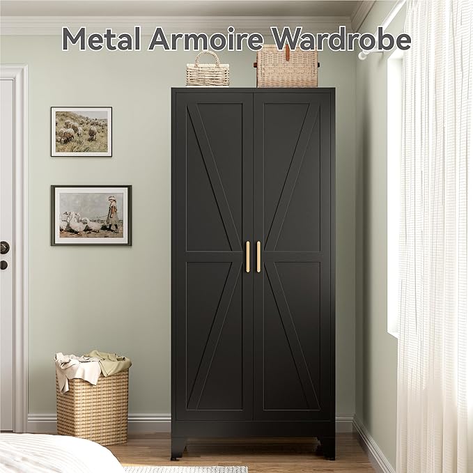 Metal Combination Cabinet, Utility Storage Cabinet with 4 Shelves, Farmhouse Pantry Closet with Doors, 71" Tall Storage Cabinets with Hanging Rod and Clothing Shelf for Hallway Laundry Mudroom