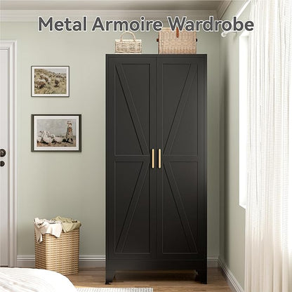 Metal Combination Cabinet, Utility Storage Cabinet with 4 Shelves, Farmhouse Pantry Closet with Doors, 71" Tall Storage Cabinets with Hanging Rod and Clothing Shelf for Hallway Laundry Mudroom