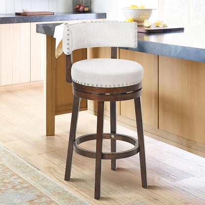 COLAMY Swivel Bar Stool, 30 Inch Swivel Counter Height Bar Chair, Wood Modern Upholstered Barstools with Back for Kitchen Island Dining Room, Beige
