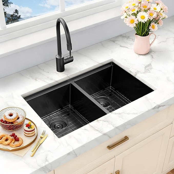 LQS 32 Inch Black Kitchen Sink, Undermount Kitchen Sink Black with Abundant Workstation Accessories, 10” Deep Enough and 50/50 Double Kitchen Sink for Food Prep and Dish Rinsing