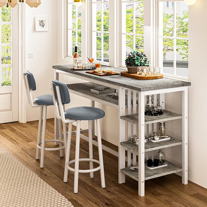 DKLGG Bar Table and Chairs Set for 2, 3-Piece Counter Height Dining Table with Stools, Hightop Kitchen Island Table with Storage Shelves for Kitchen, Bar, Pub, Bistro