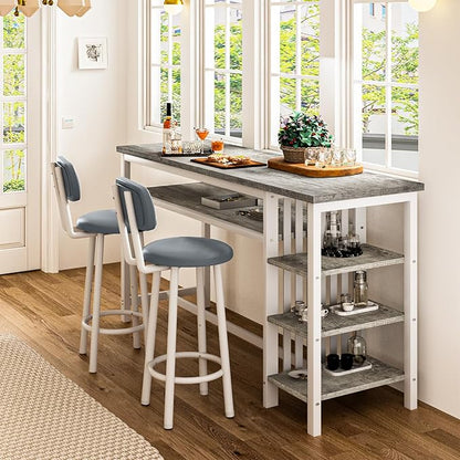 DKLGG Bar Table and Chairs Set for 2, 3-Piece Counter Height Dining Table with Stools, Hightop Kitchen Island Table with Storage Shelves for Kitchen, Bar, Pub, Bistro