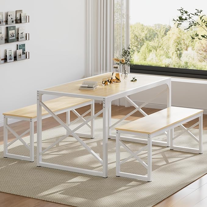 VECELO Kitchen Dining Table Benches Set for 4/6, 55" Wooden Dinette with 2 Benches, Large Embedded Desktop for Small Space, Breakfast Nook, Natural Oak