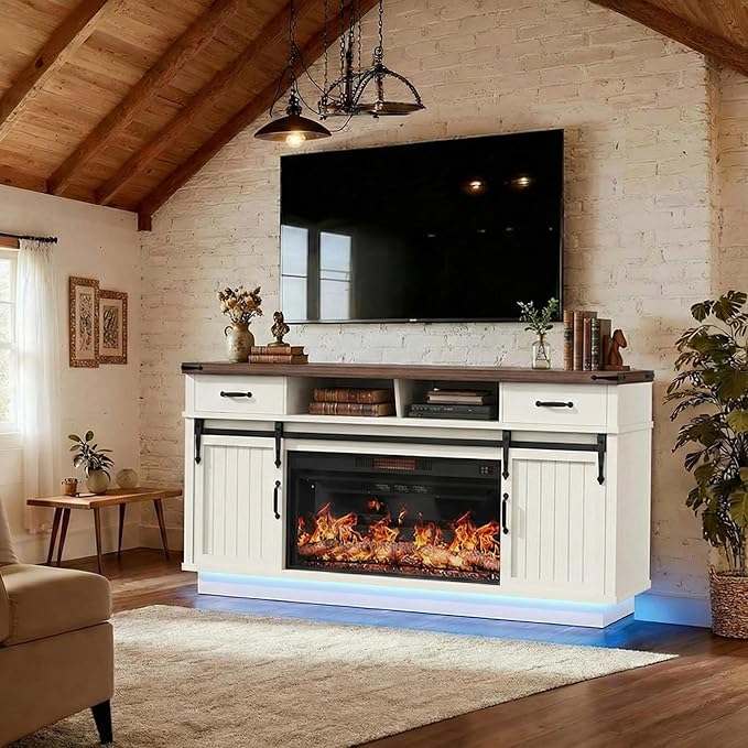 Jocoevol Fireplace TV Stand for TVs up to 65", Electric Fireplace with 3D Flame, Farmhouse LED Light Entertainment Center TV Console with with 2 Drawers, Sliding Barn Door for Living Room - White