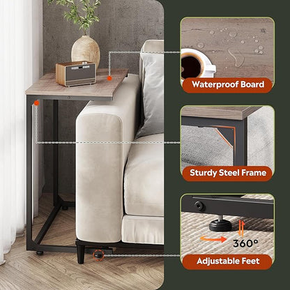 WLIVE C-Shaped End Table, Small Side Tables for Sofa, Wide Couch Table That Slide Under, Laptop Snack Table for Living Room, Bedroom, Home Office, Grey