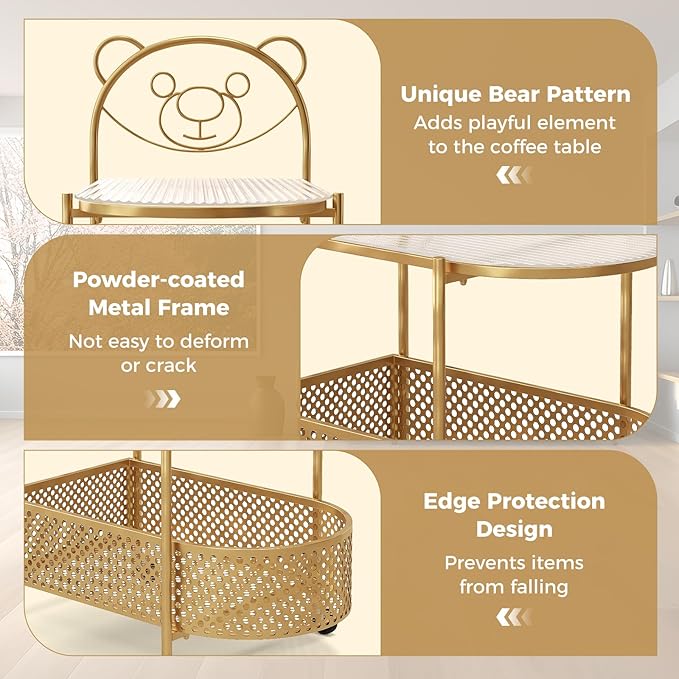 Giantex 2-Tier Modern Bear Pattern Coffee Table, Golden/White Lacquered Finish, Tempered Glass Top, Storage Basket, Wheels