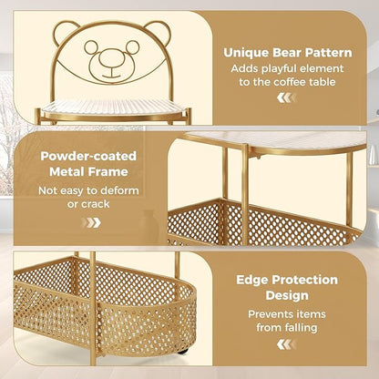 Giantex 2-Tier Modern Bear Pattern Coffee Table, Golden/White Lacquered Finish, Tempered Glass Top, Storage Basket, Wheels