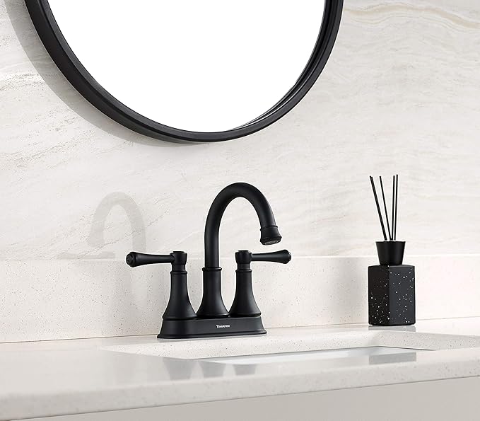TimeArrow Matte Black 2 Handle Centerset Bathroom Sink Faucet 3 Holes with Drain Assembly, High Arc Modern 4 Inch Bathroom Vanity Lavatory Faucet with Brass 360° Swivel Spout, TAF067Y-MB