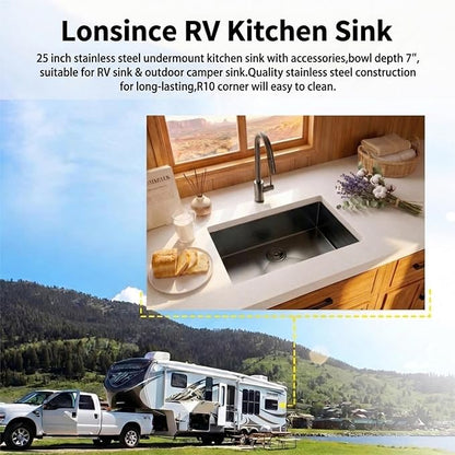 RV Kitchen Sink 25 X 15 inch,Black Undermount Kitchen Sink with 7 inch Depth,Stainless Steel Kitchen Sinks for RV,Outdoor Caming Van Sink