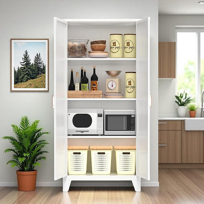 Ball & Cast 61″Tall Freestanding Kitchen Pantry Cabinet,Versatile Metal Storage Cabinet w/Adjustable Shelves & Doors,Pantry Cabinet for Kitchen and Dining Room,White
