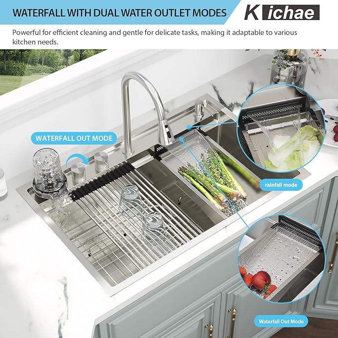 Kichae Drop In Kitchen Sink Waterfall - 33x22 Drop Sink Stainless Steel 16 Gauge Luxury Ledge Workstation Deep Single Bowl Topmount Overmount Sinks Splash Guard Design Handmade Basin