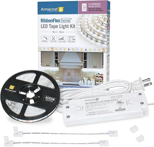 Armacost Lighting RibbonFlex Home AC Dimmable Bright White LED Tape Light Kit 4000K (5M),16.4 ft,425502