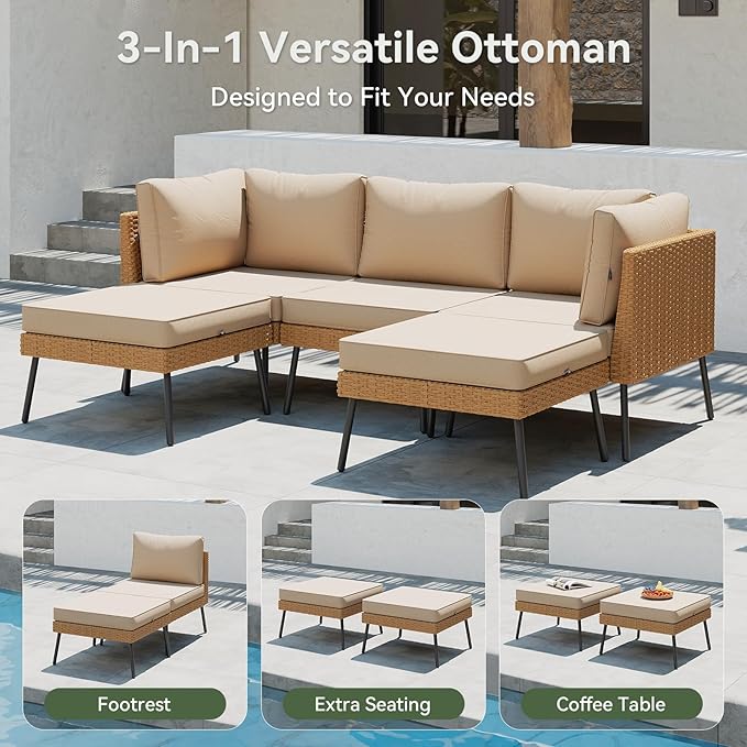 Aoxun 6 Piece Patio Furniture Set, 6 Seats Outdoor Sectional Sofas with Thick Cushion, Wicker Outdoor Patio Furniture Set with Ottomans for Party, Garden, Backyard, Beige