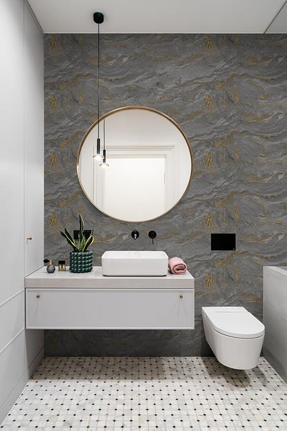 Abyssaly Marble Contact Paper Black Granite Peel and Stick Wallpaper for Countertop Self-Adhesive Thickening Kitchen Bathroom and Furniture (Grey Gold, 17.7" x 196")