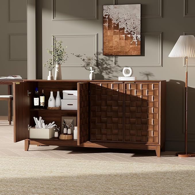 MALOL Sideboard Buffet Cabinet with Storage, Modern 4-Door Buffet Table with 3D Checkerboard Doors & Solid Wood Legs, Large Coffee Bar Cabinet for Dining Room, Living Room, Entryway, Walnut
