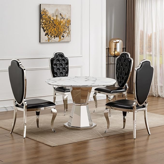 47" Round Marble Dining Table for 4-6, Luxury Modern Kitchen Table with Marble Grain MDF tabletop & Silver Mirrored Stainless Steel Pedestal Base, White Stone Dinner Table for Dining Room (Table Only)