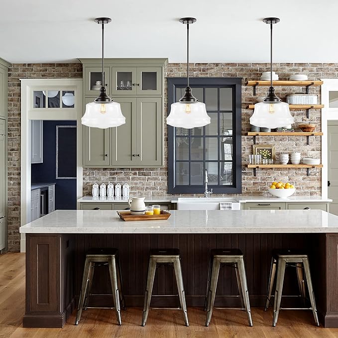 JONATHAN Y 14" Oil Rubbed Bronze 1-Light Iron and Glass Schoolhouse Pendant, Adjustable Height Bohemian Farmhouse Fixture for Kitchen Island Dining Room, LED Bulb Included JYL7585A