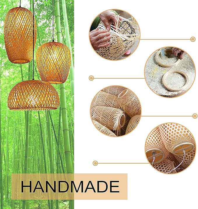 GCQ Bamboo Light Fixtures, 3 Headlights E26 E27 Retro Rustic Bamboo Wicker Rattan Chandelier Ceiling Hanging Light for Living Room Bedroom Farmhouse Restaurant Cafe Teahouse Bar Dining Room Club