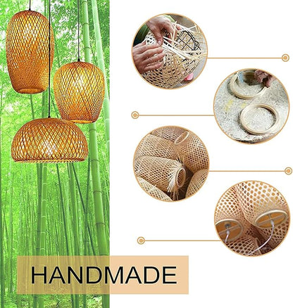 GCQ Bamboo Light Fixtures, 3 Headlights E26 E27 Retro Rustic Bamboo Wicker Rattan Chandelier Ceiling Hanging Light for Living Room Bedroom Farmhouse Restaurant Cafe Teahouse Bar Dining Room Club