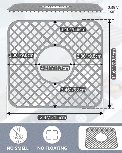 2 Pack Silicone Sink Protector for Kitchen Sink, Trellis Pattern 12 x 11" Sink Grid Mat Silicone Protectors, Center Drain, Gray
