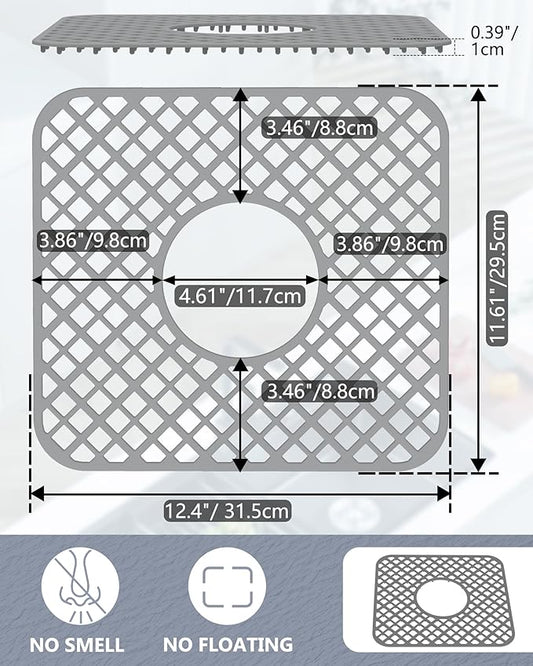 2 Pack Silicone Sink Protector for Kitchen Sink, Trellis Pattern 12 x 11" Sink Grid Mat Silicone Protectors, Center Drain, Gray