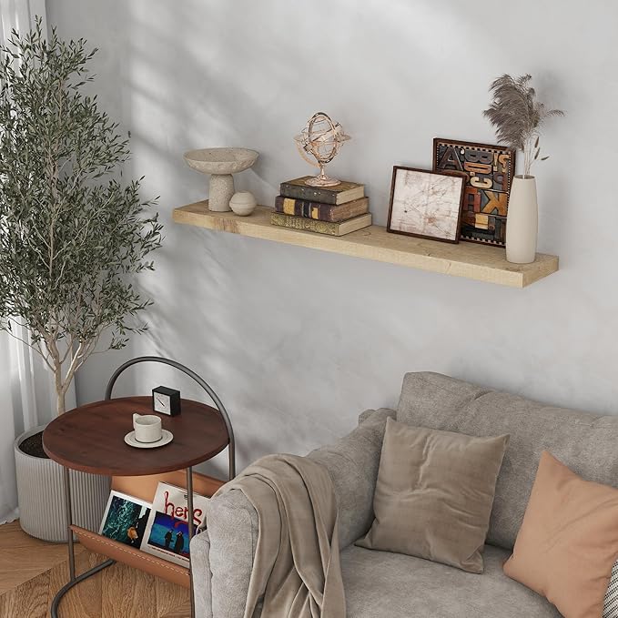 Dreamland 36 Inch Long Wood Floating Shelf, Solid Reclaimed Wood Wall Shelves 7.5 Inch Deep for Storage with Invisible Heavy-Duty Metal Bracket, Set of 1, Natural