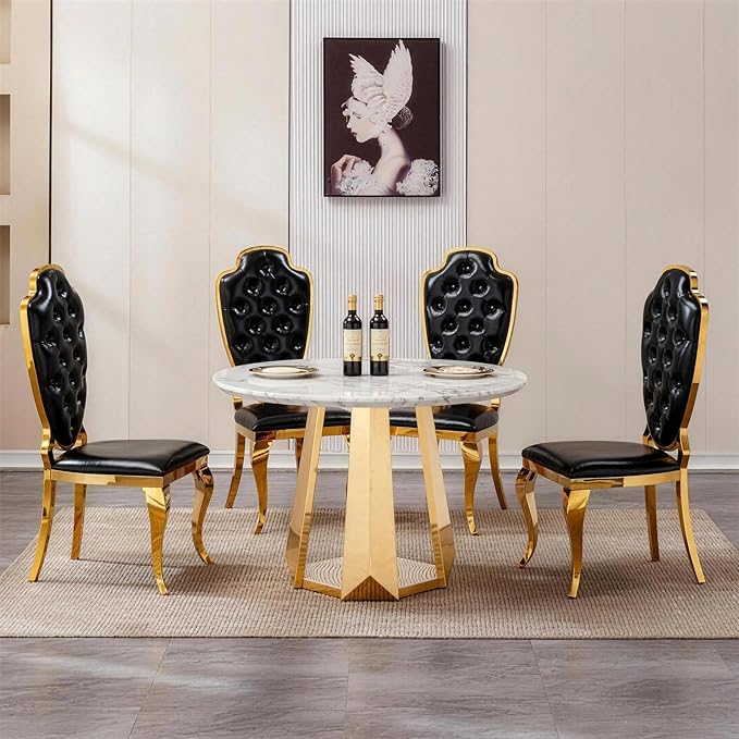 47" Round Marble Dining Table for 4-6, Luxury Modern Kitchen Table with Marble Grain MDF Tabletop & Gold Mirrored Stainless Steel Pedestal Base, Grey Stone Dinner Table for Dining Room (Table Only)