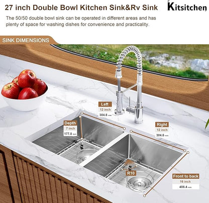 Kitsitchen RV Ktichen Sink,16 Gauge Stainless Steel Undermount Kitchen Sink with Strainer & Bottom Gird, 27" x 16" Double Bowl Kitchen Sinks Used at RV, Outdoor,Bathrom and Camper, R10 Round Corner