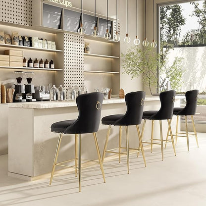 Bar Stools Set of 2, Velvet Counter Height Bar Stools with Metal Legs, Button Tufted and Nailheads Trim, Wing Back Bar Chairs for Kitchen Island Dining Room Pub,Black