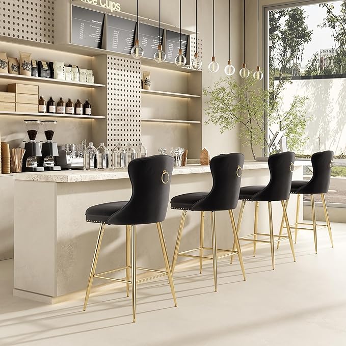 Bar Stools Set of 2, Velvet Counter Height Bar Stools with Metal Legs, Button Tufted and Nailheads Trim, Wing Back Bar Chairs for Kitchen Island Dining Room Pub,Black TV888