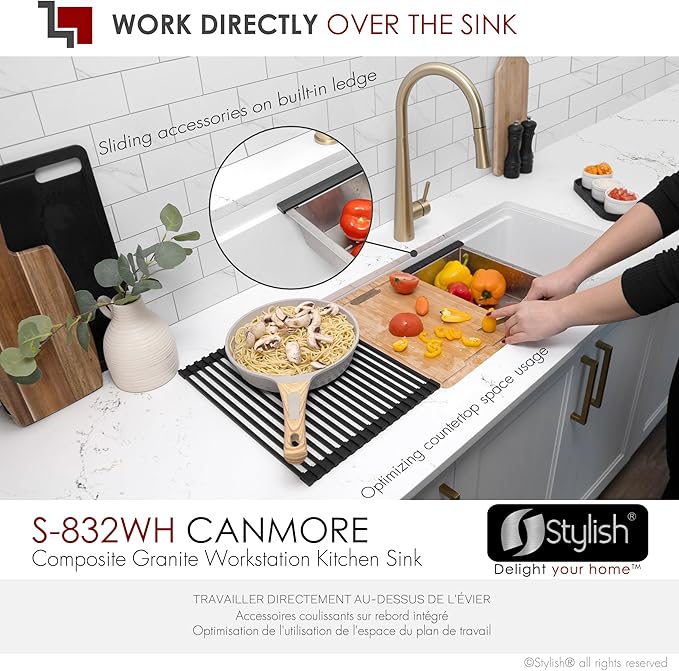 Stylish 32 x 18 Inch Composite Granite Workstation Kitchen Sink, Single Bowl Under Mount & Drop in, 9.5 in Deep, with Cutting Board, Roll-Up Drying Rack, Colander & Strainer, White, S-832WH