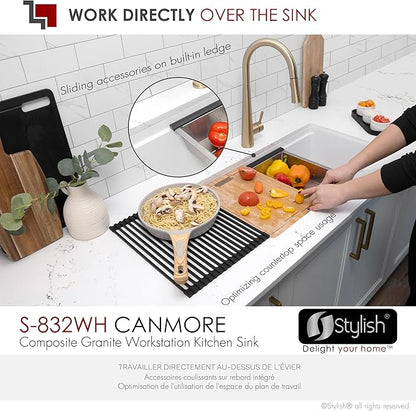 Stylish 32 x 18 Inch Composite Granite Workstation Kitchen Sink, Single Bowl Under Mount & Drop in, 9.5 in Deep, with Cutting Board, Roll-Up Drying Rack, Colander & Strainer, White, S-832WH